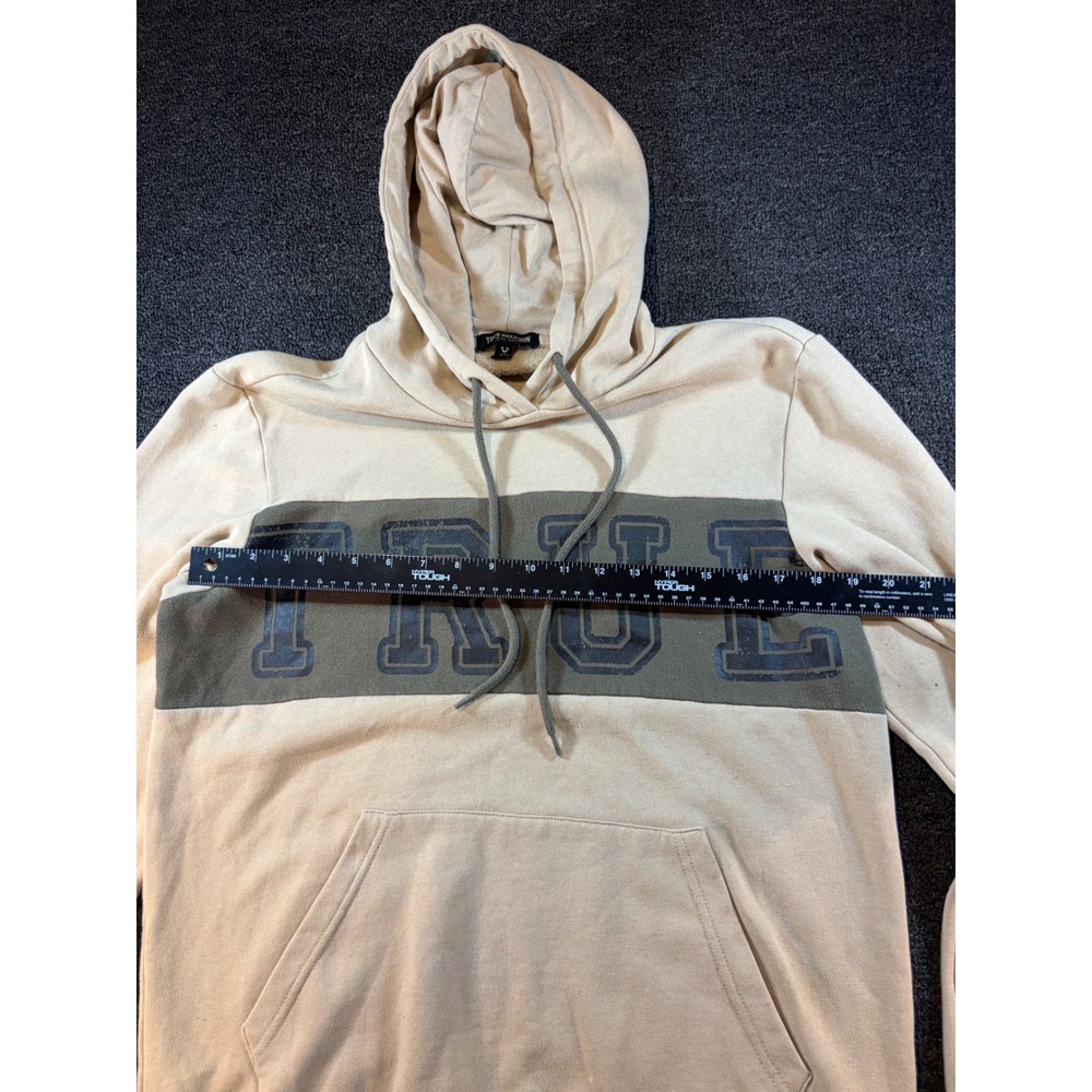 True Religion Mens Tan Olive Green Graphic Logo Pullover Hoodie Small Distressed - Picture 3 of 7